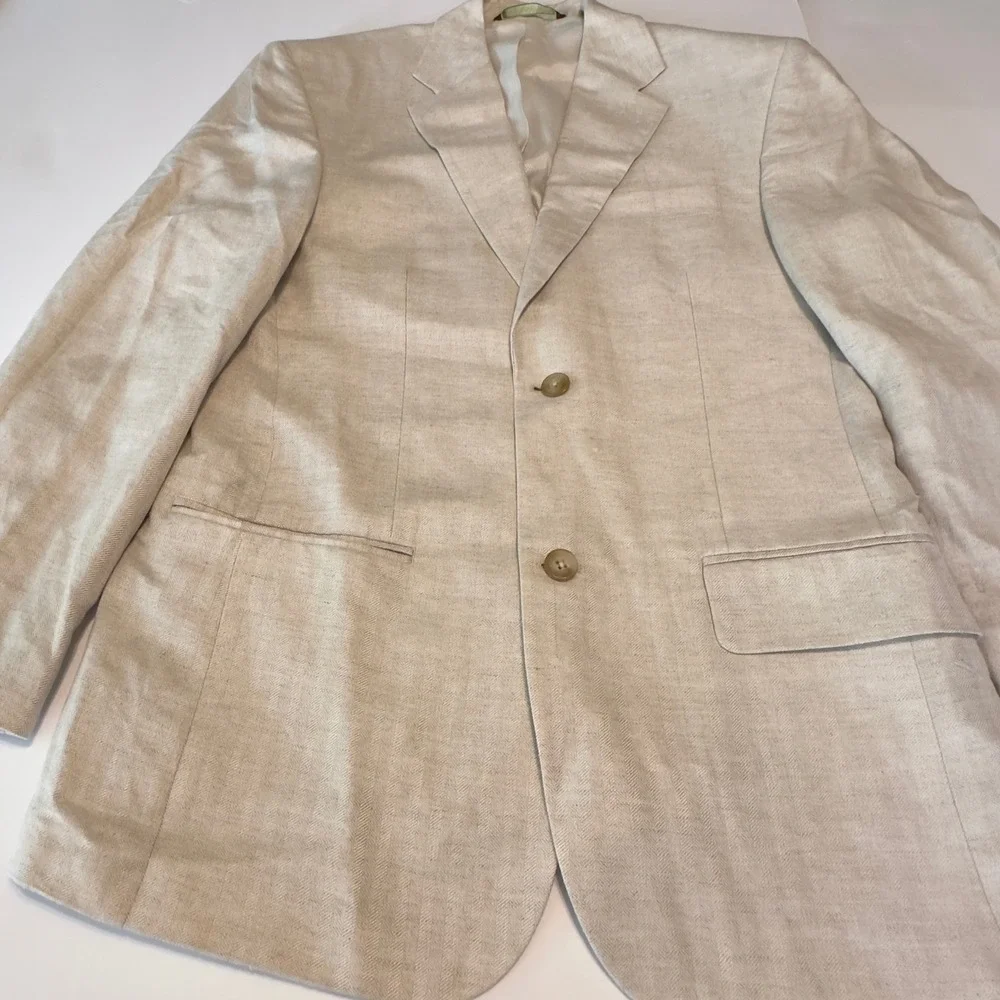 Cubavera Men Beige Herringbone Linen Blend Two Button Blazer Jacket Sport Coat L